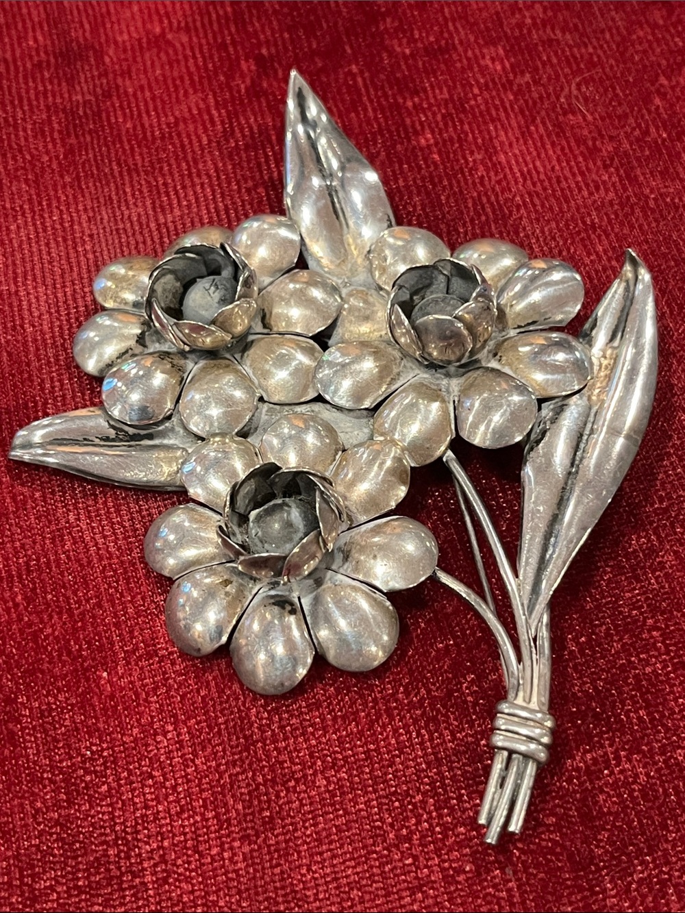 Vintage Mexico Floral Bouquet Brooch | Handcrafted Silver-Tone Artisan Pin